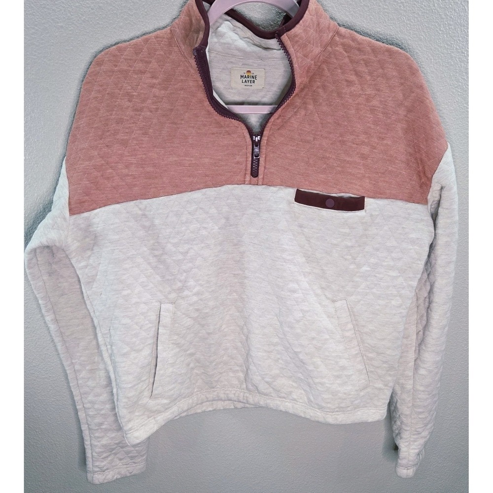 Marine Layer Quilted Pullover Sweatshirt Muted Coral Cream Colorblock 1/4 Zip M